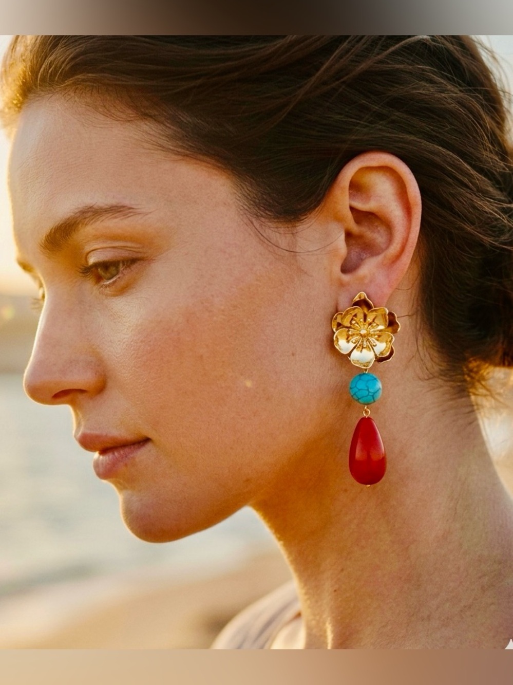 Floral Drop Earrings |Retro Gold Flower Turquoise & Red Resin Statement Earrings